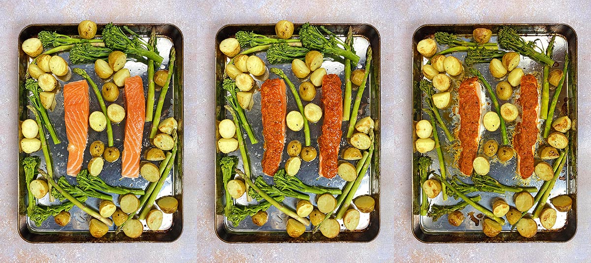 Three shot collage of salmon and vegetables on a baking tray, before, during and after cooking.