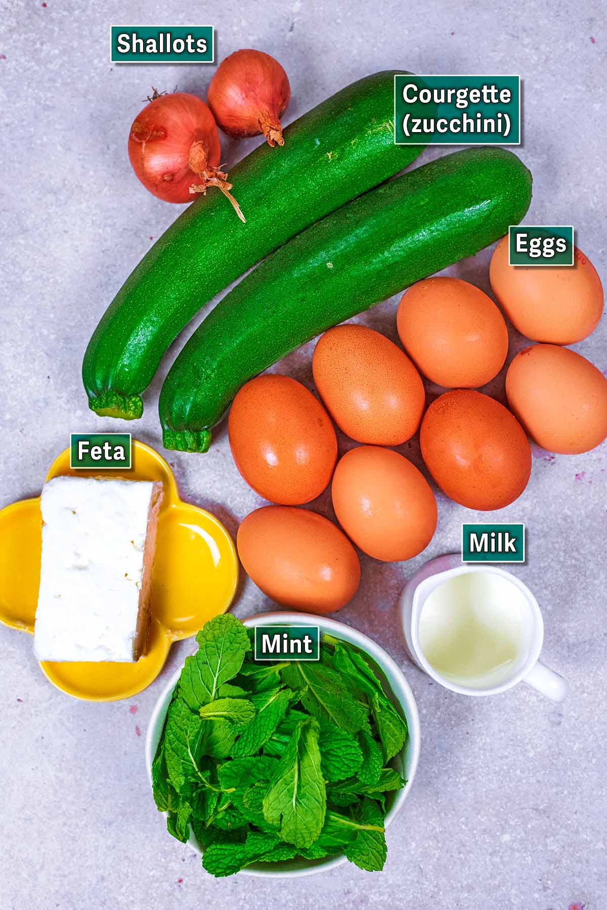 All the ingredients needed for this recipe laid out with text overlay labels.