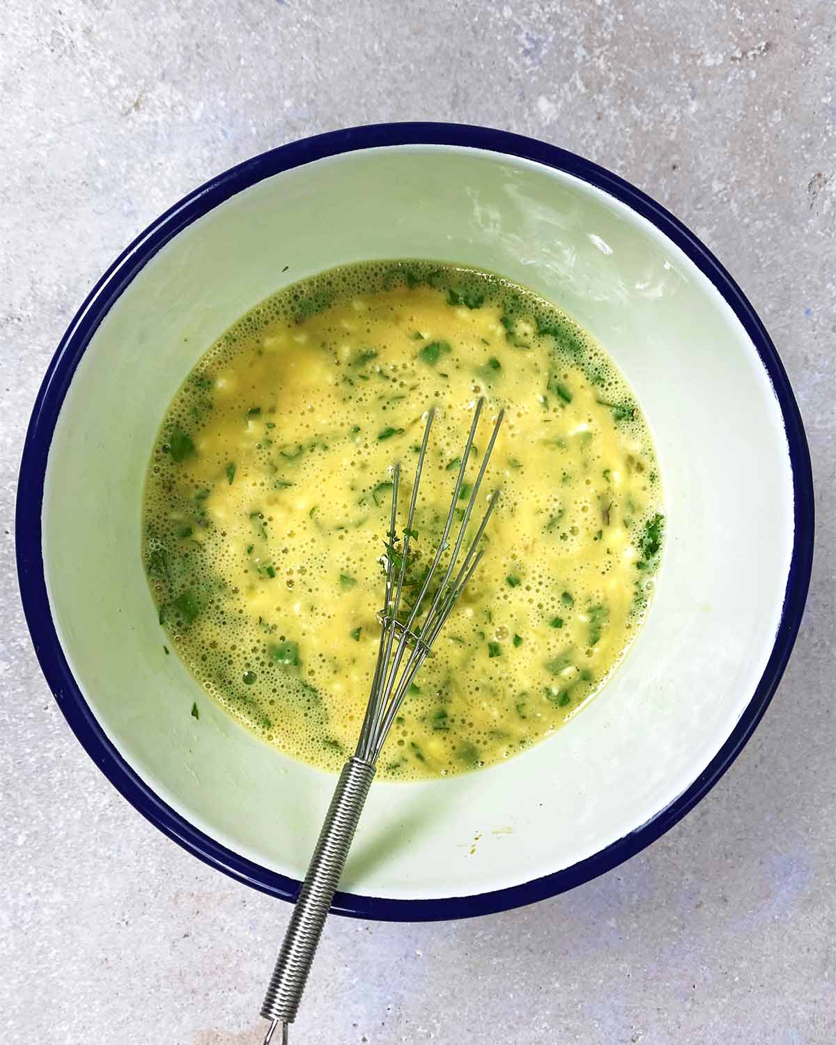 Everything mixed in the bowl.