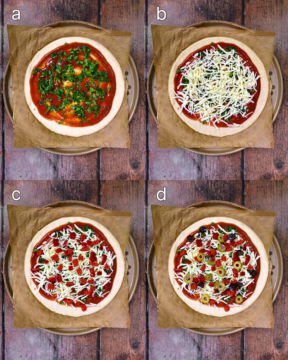 Four shot collage of pizza dough with sauce, cheese, peppers then olives on it.