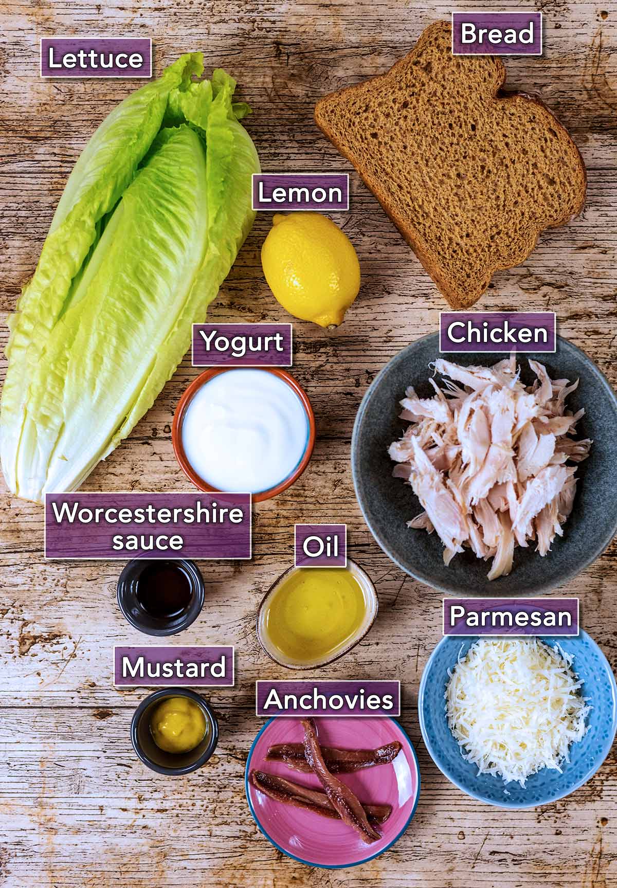 All the ingredients needed to make this recipe all laid out on a wooden surface with text overlay labels.