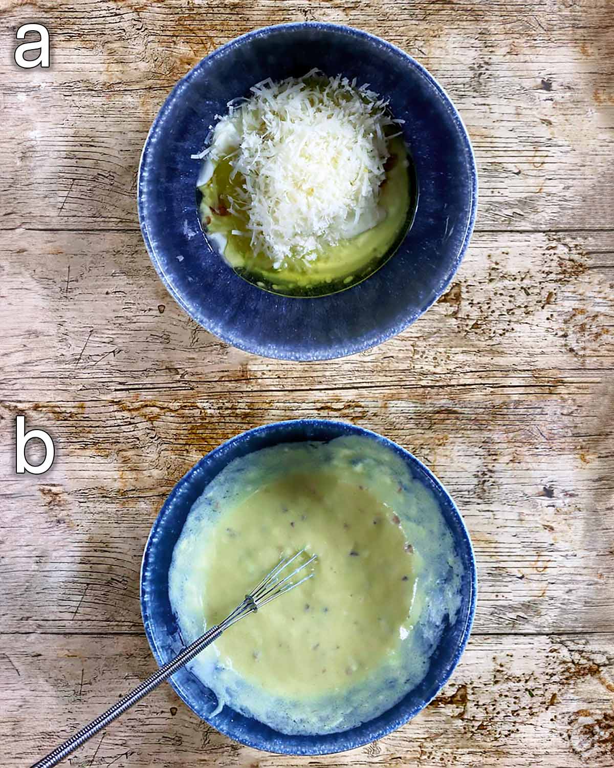 Two shot collage showing caesar dressing before and after mixing.