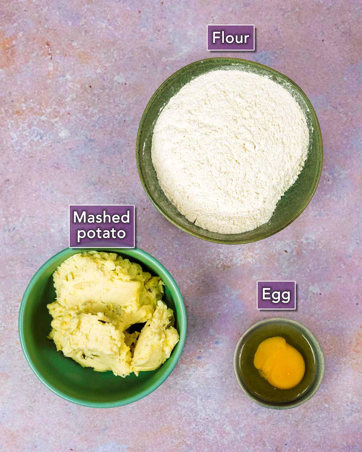 The three ingredients needed for this recipe laid out with text overlay labels.