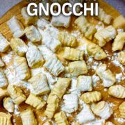 Leftover mashed potato gnocchi with a text overlay title.
