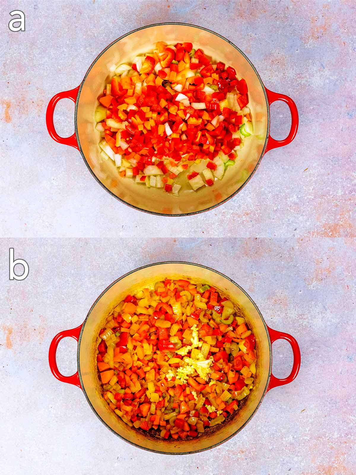 Two shot collage of onions, celery, carrot and red pepper in a pan. Before and after cooking.
