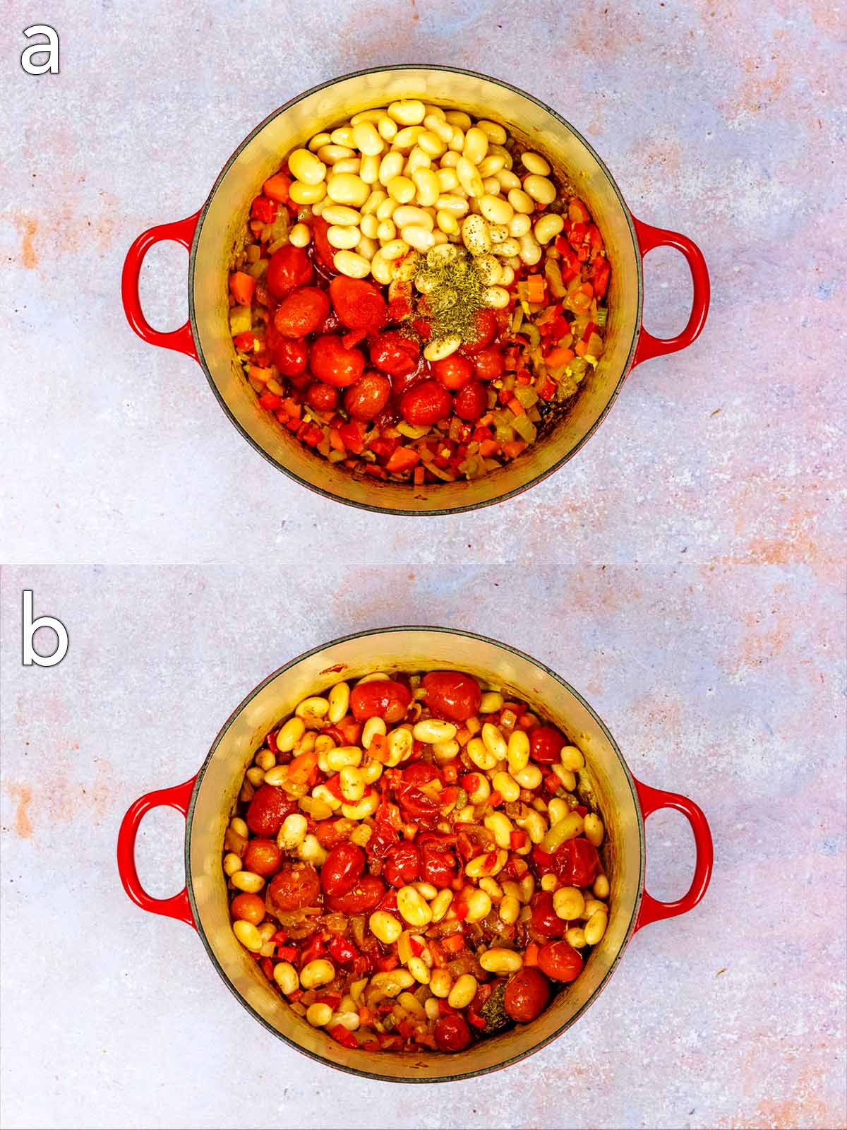 Beens, herbs and tomatoes added to the pan. Before and after shots of mixing.