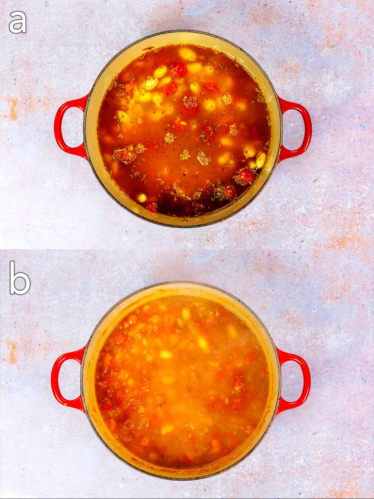 Stock added to the pan. Before and after of mixing and cooking.