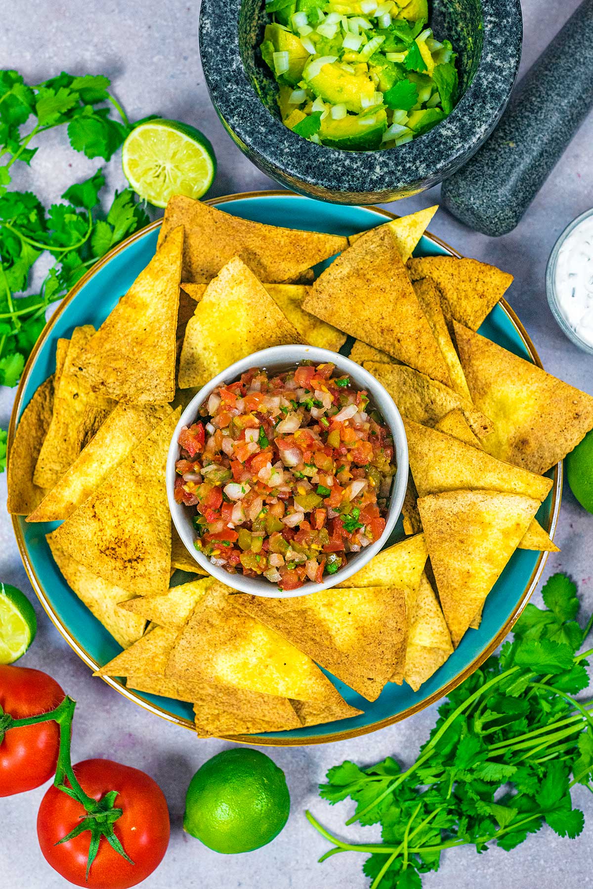A bowl of salsa surrounded by tortilla chips.