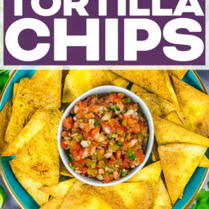 A plate of air fryer tortilla chips and salsa with a text title overlay.