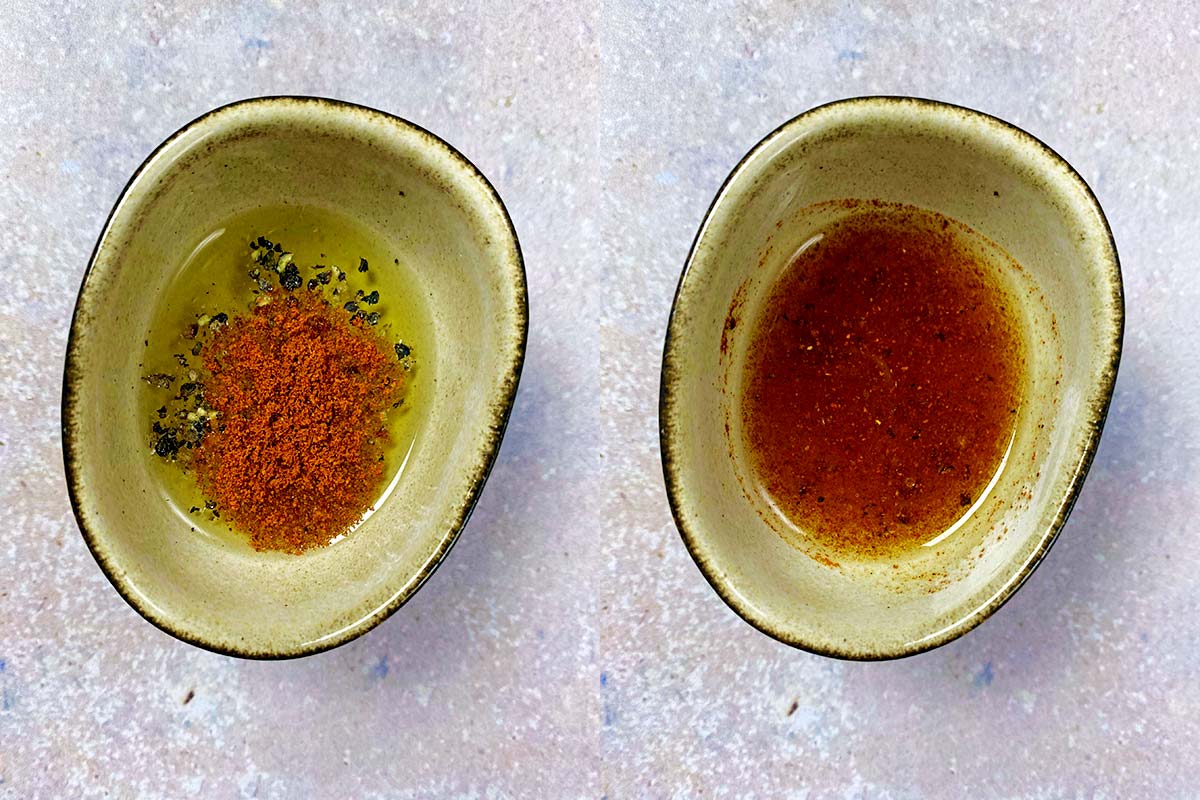 Two shot collage of paprika and oil in a bowl, before and after mixing.