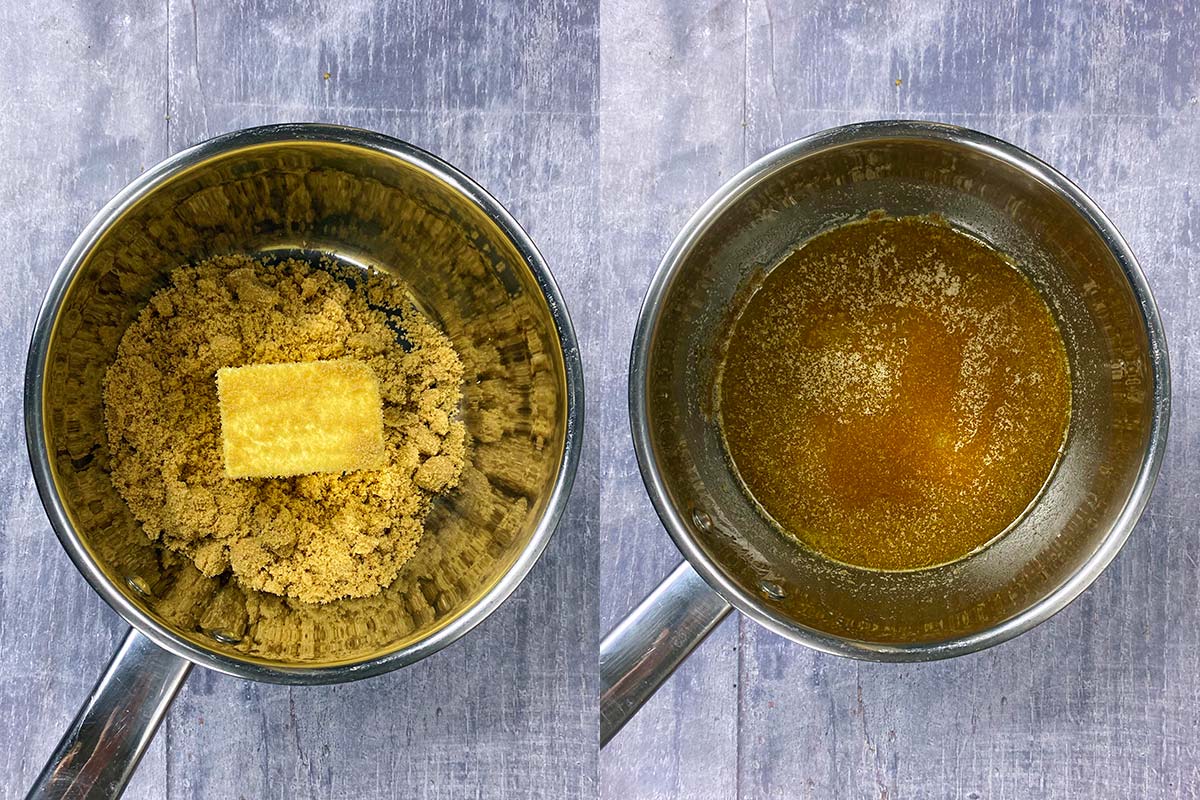 Two shot collage of a saucepan containing butter and sugar, before and after melting.