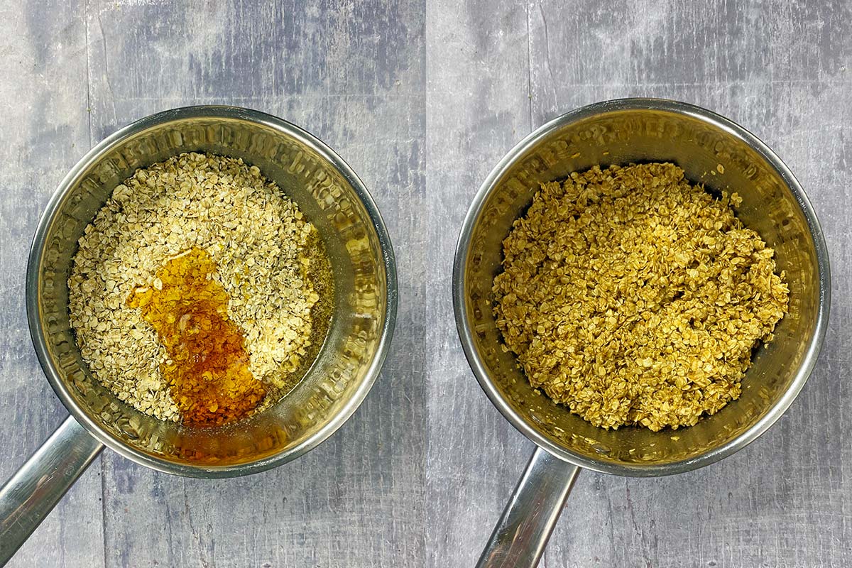 Two shot collage of oats and golden syrup added to the pan, before and after mixing.