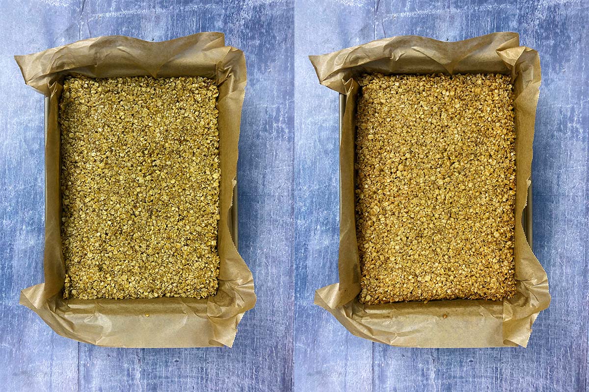 Two shot collage of flapjack mixture in a baking tray, before and after cooking.