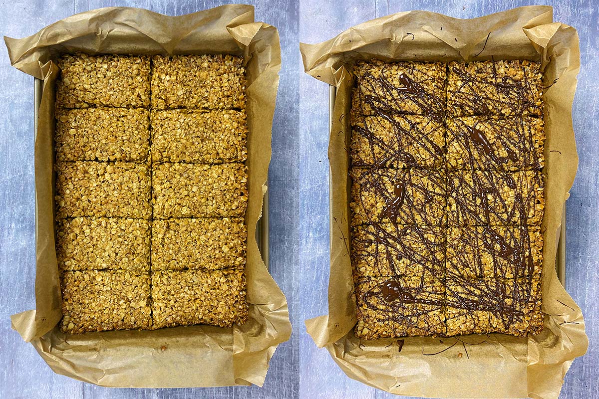 Two shot collage of cooked flapjacks cut into bars, before and after being drizzled with melted chocolate.