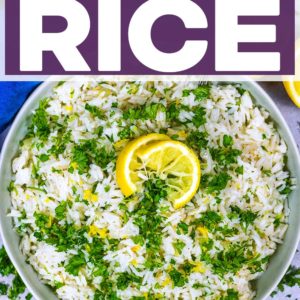 A bowl of Easy Greek Rice with a text title overlay.