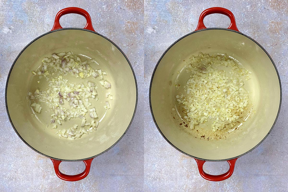 Two shot collage ofchopped shallots before and after cooking in a pan.