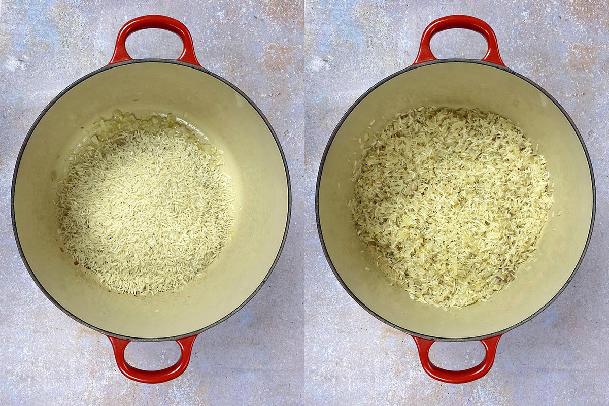 Two shot collage of rice added to the pan, before and after cooking.