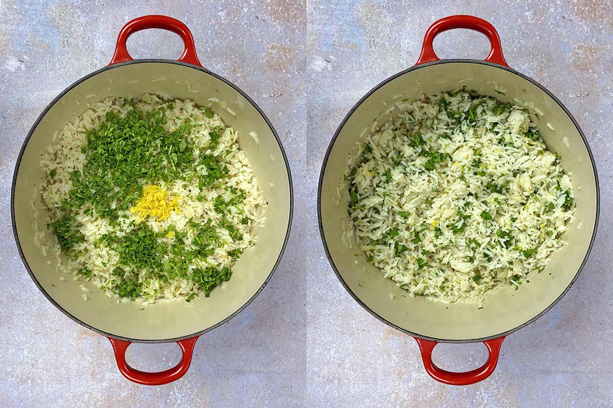 Two shot collage of the cooked rice with herbs and lemon zest added, before and after mixing.