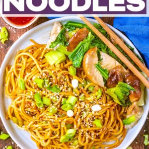 A plate of soy sauce noodles with a text title overlay.