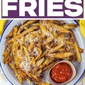 A plate of truffle fries with a text title overlay.