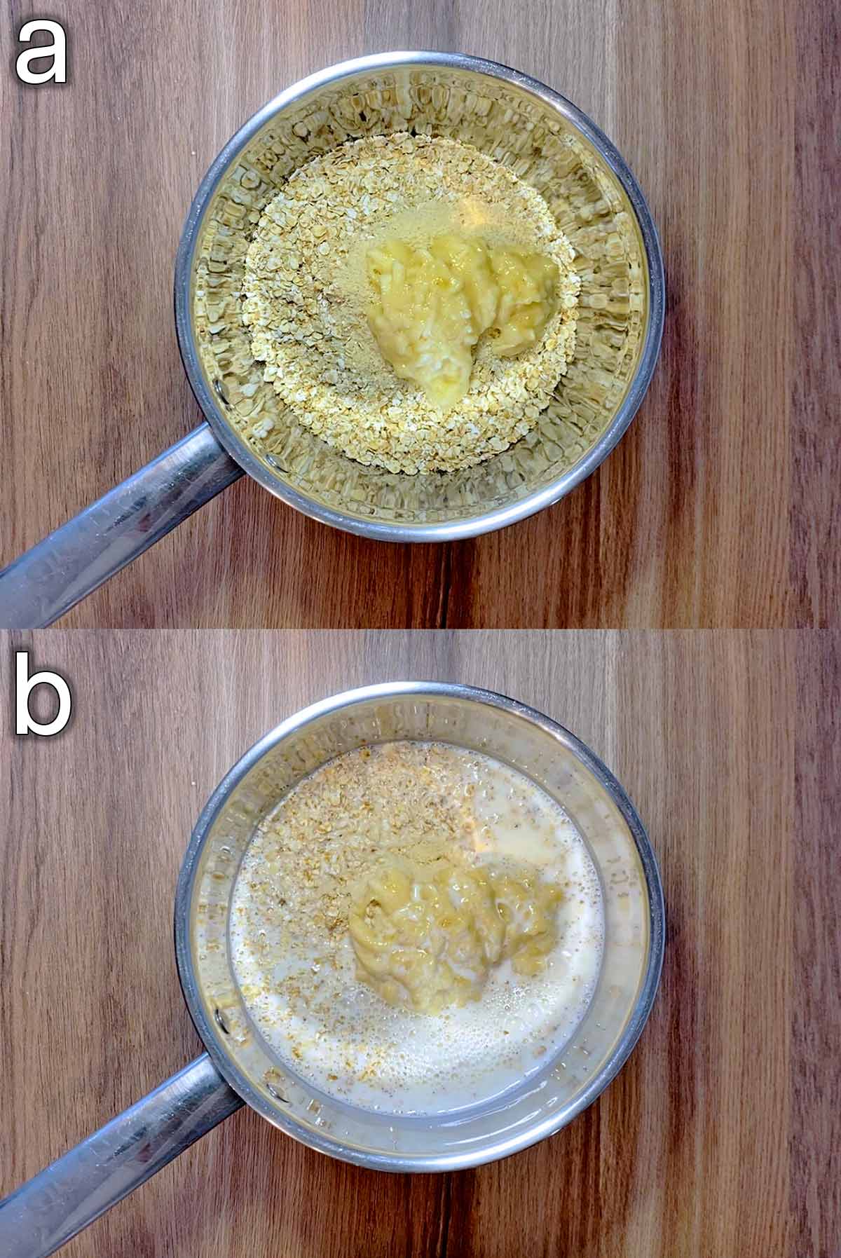 Two shot collage of oats and mashed banana in a saucepan and then with milk added.