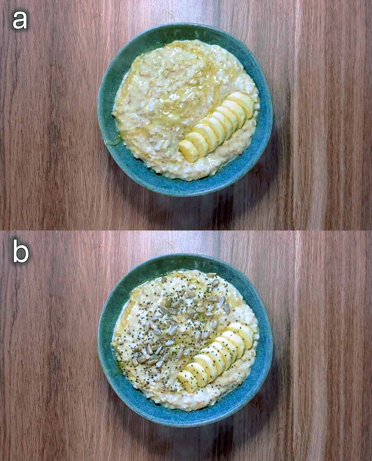 Two shot collage of porridge in a bowl with sliced banana added then seeds added.