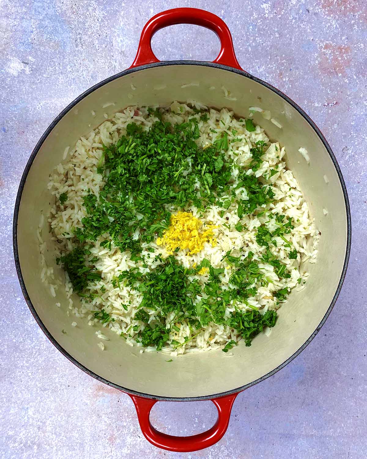 Chopped parsley and lemon zest added to the cooked rice.