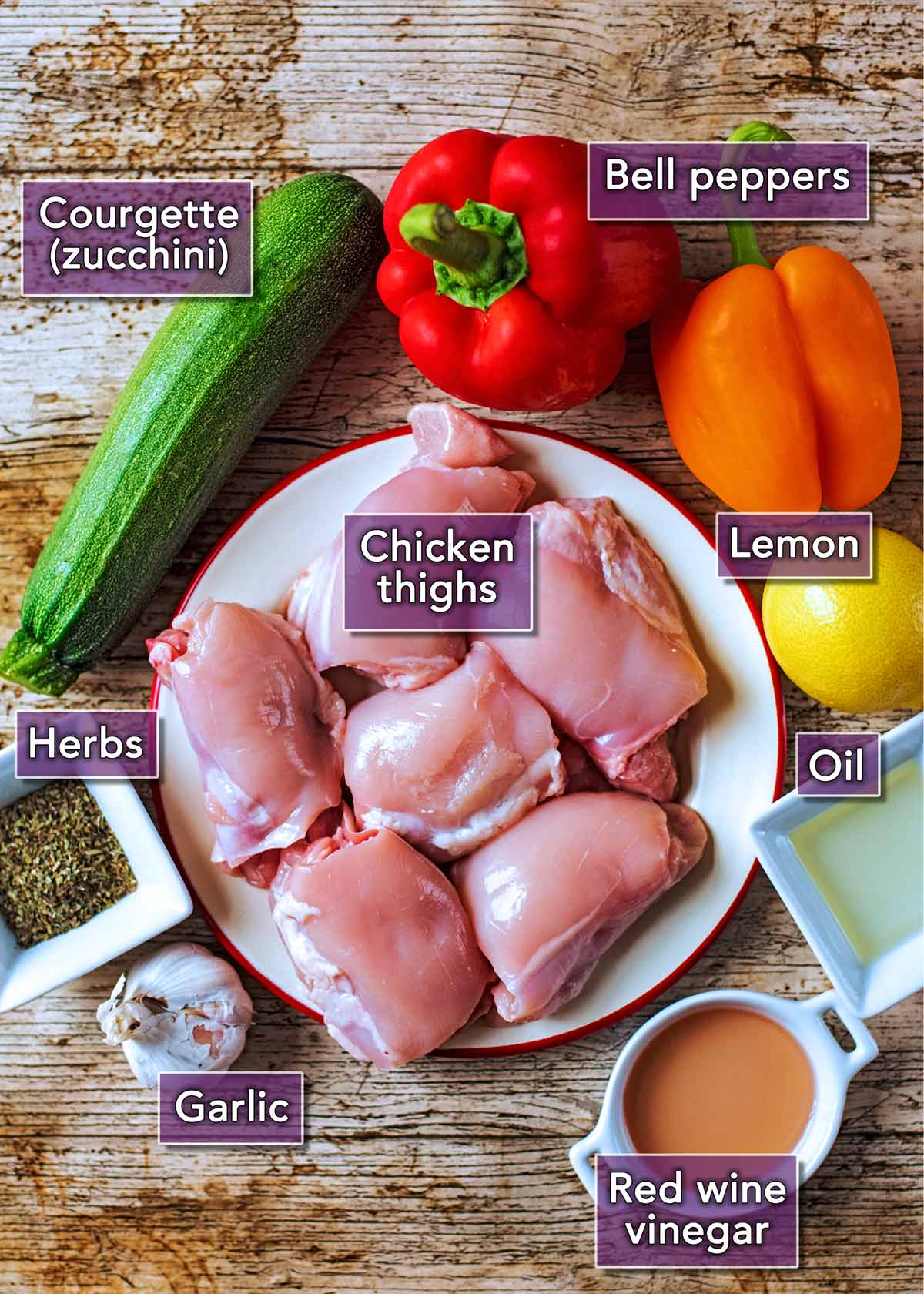 All the ingredients needed for chicken skewers.