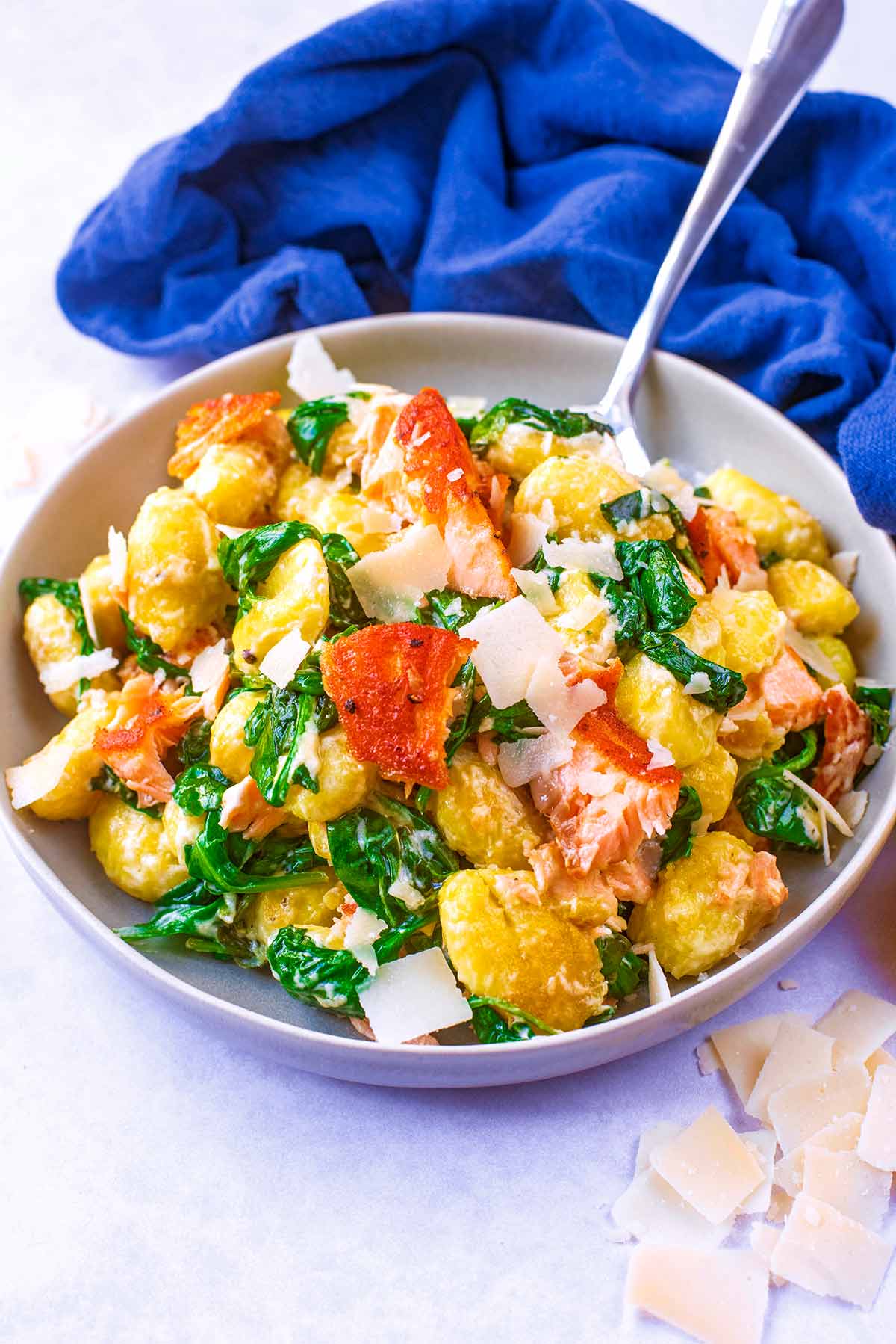 A bowl of flaked salmon and gnocchi in front of a blue towel.