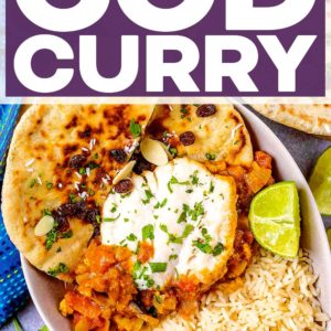 Cod curry with a text title overlay.