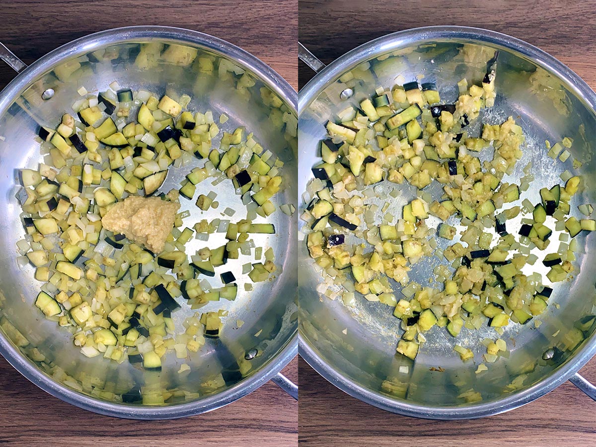 Two shot collage of garlic and ginger paste added to the pan, before and after mixing.