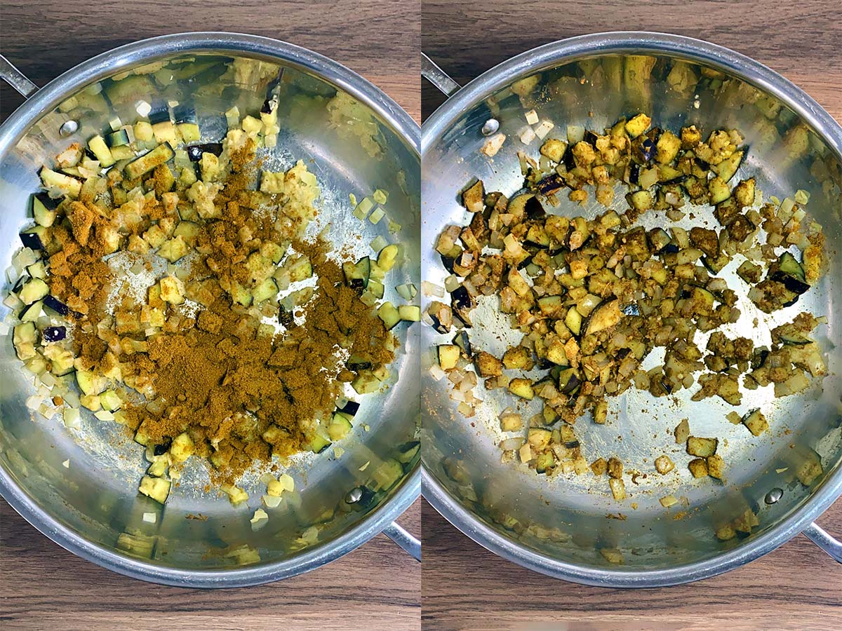 Two shot collage of curry powder added to the pan, before and after mixing.