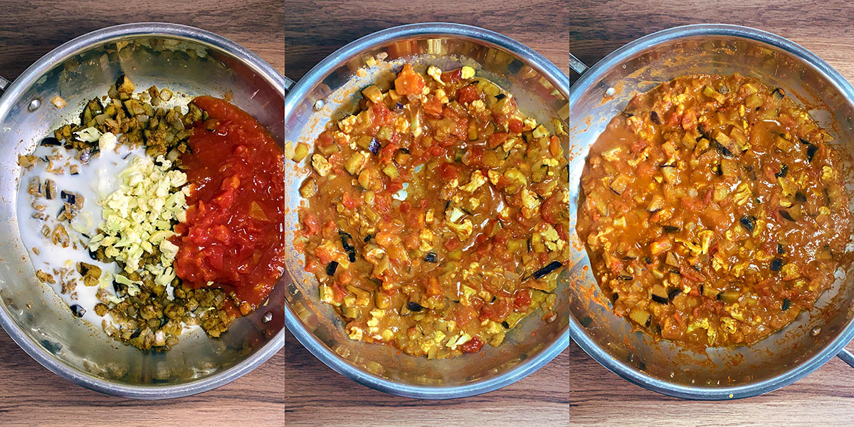 Three shot collage of cauliflower, tomatoes and coconut milk added to the pan, then mixed, then cooked.