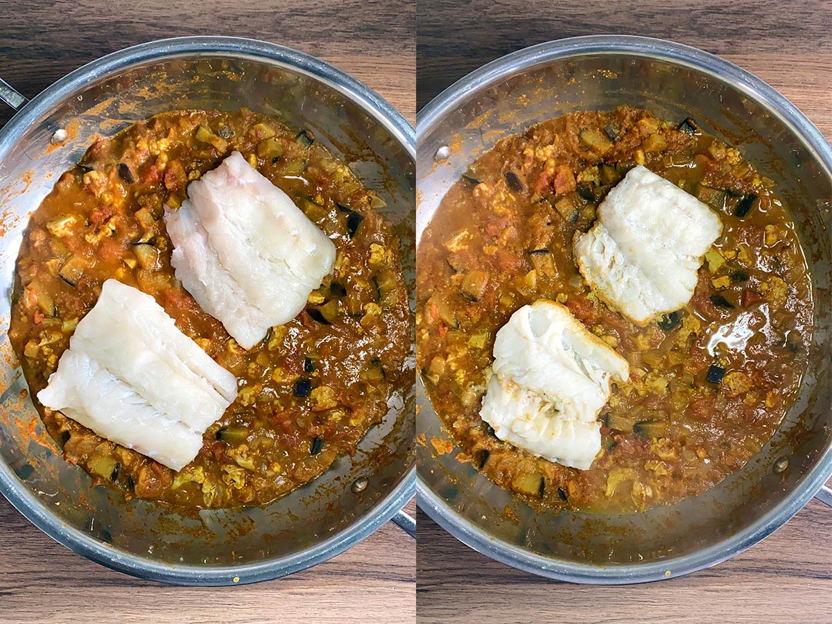 Two shot collage of the cod fillets added on top of the sauce, before and after cooking.