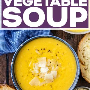 A bowl of creamy vegetable soup with a text title overlay.