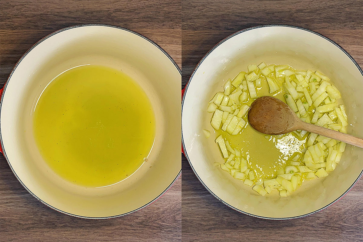 Two shot collage of a pan containing hot oil and then chopped onions.