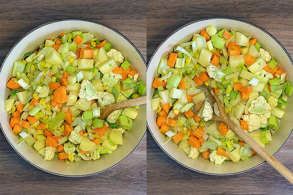 Two shot collage ot the cooked vegetables and then with stock added.