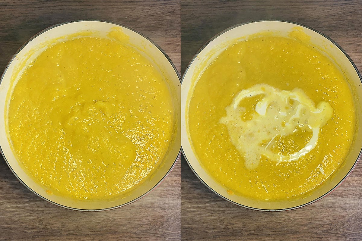 Two shot collage of the blended soup and then with cream drizzled on top.