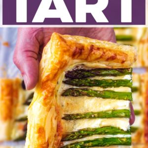 A hand holding a portion of easy asparagus tart with a text title overlay.