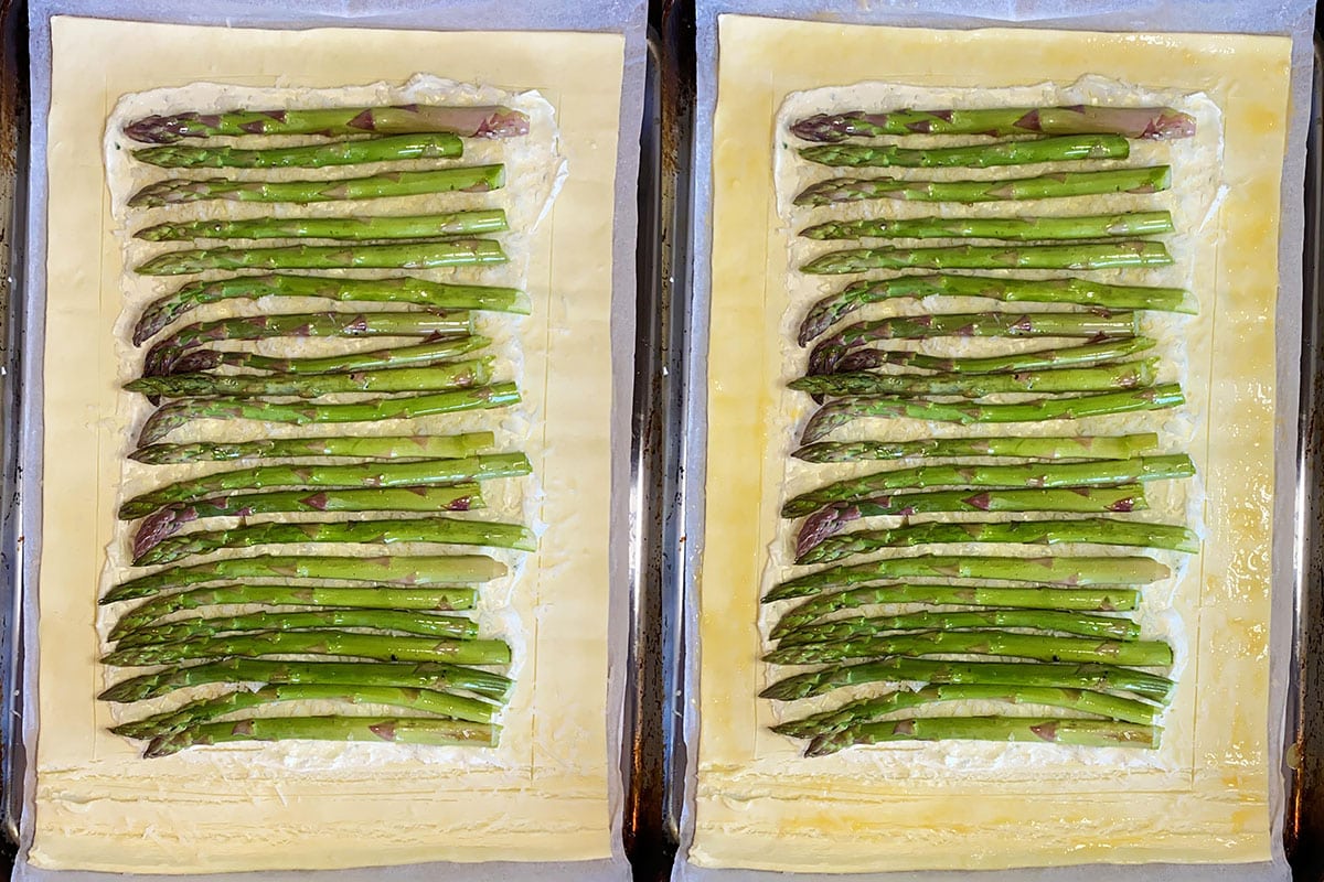 Two shot collage of the asparagus on top of the cheese and then with the boarder of the pastry egg washed.