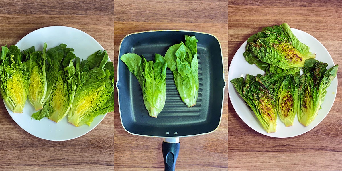 Three shot collage of lettuces cut in half then cooking in a griddle pa then on a plate showing cooked side.