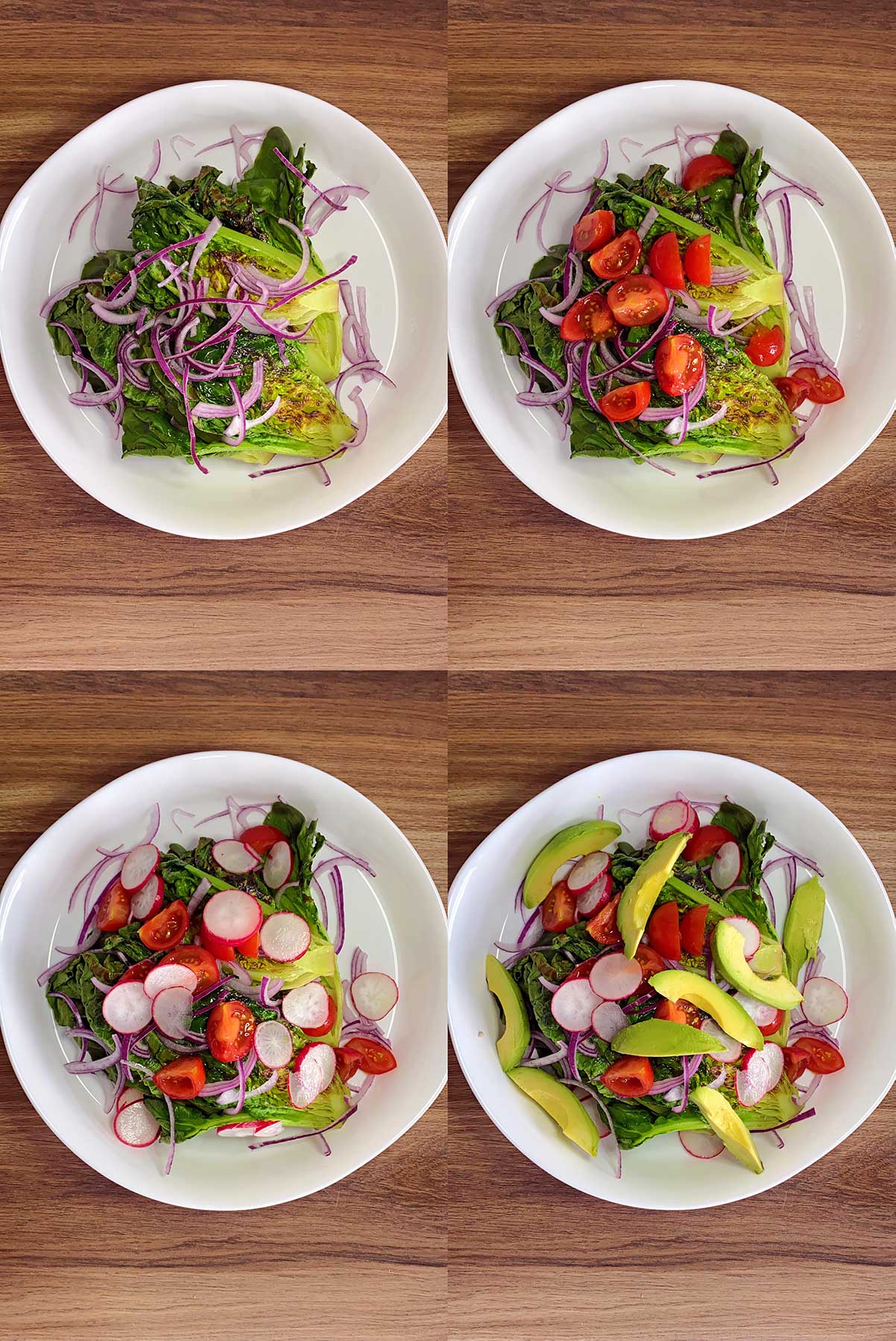 Four shot collage of salad being built.