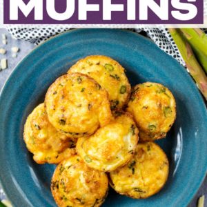 A blue plate of salmon muffins with a text title overlay.