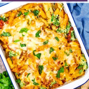 Spinach and Ricotta Pasta Bake with a text title overlay.