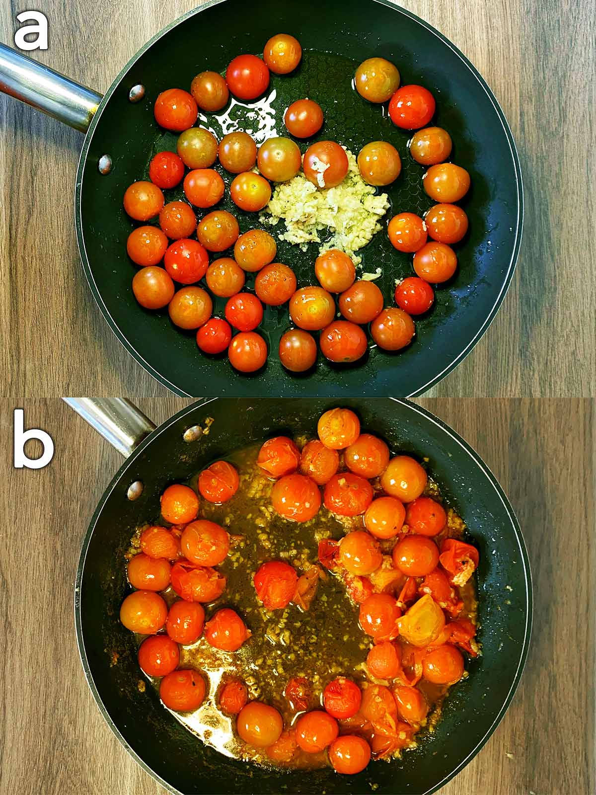 Two shot collage of cherry tomatoes and minced garlic cooking in a frying pan.