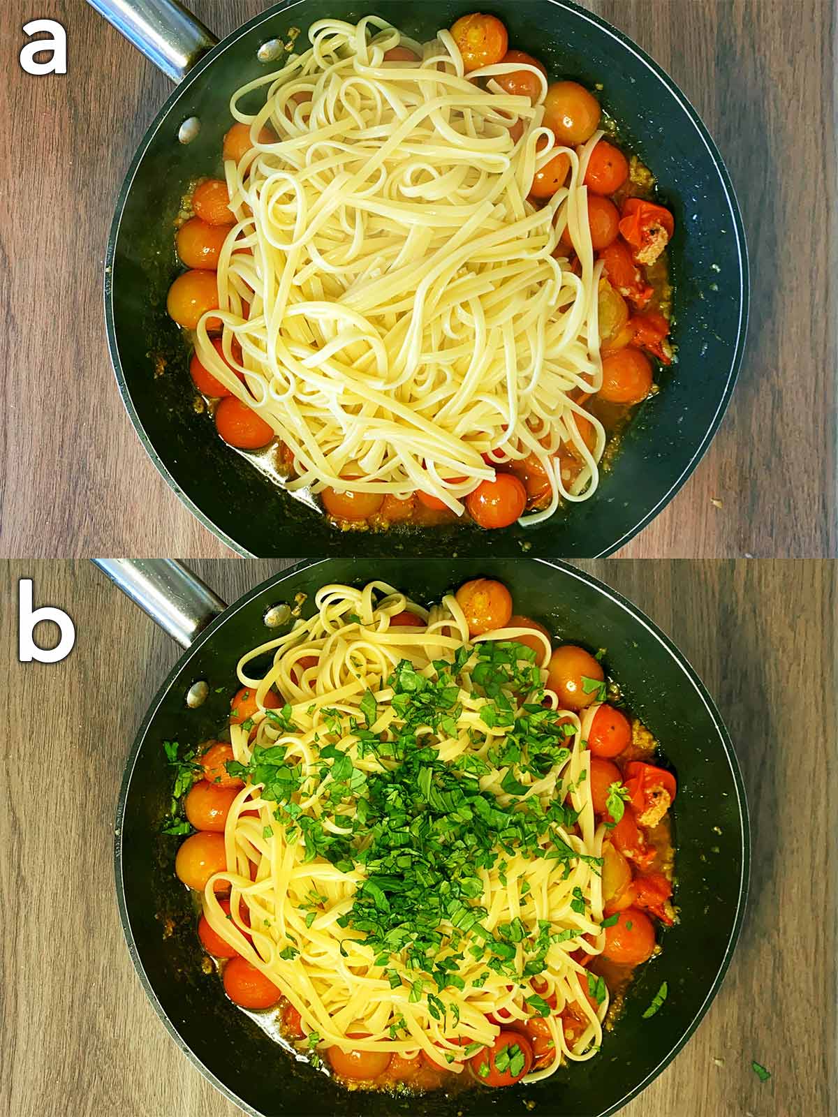 Two shot collage of, cooked cherry tomatoes and linguine in a frying pan, then with chopped herbs added.