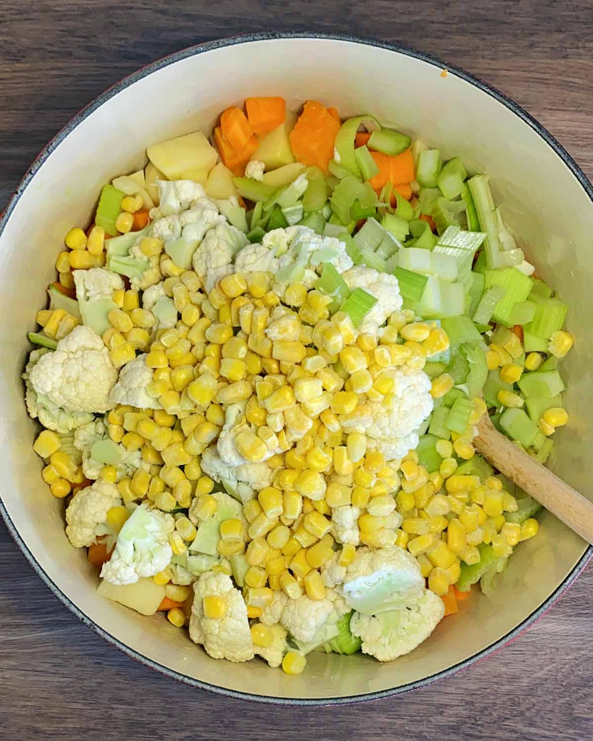 Sweetcorn added to the pan.