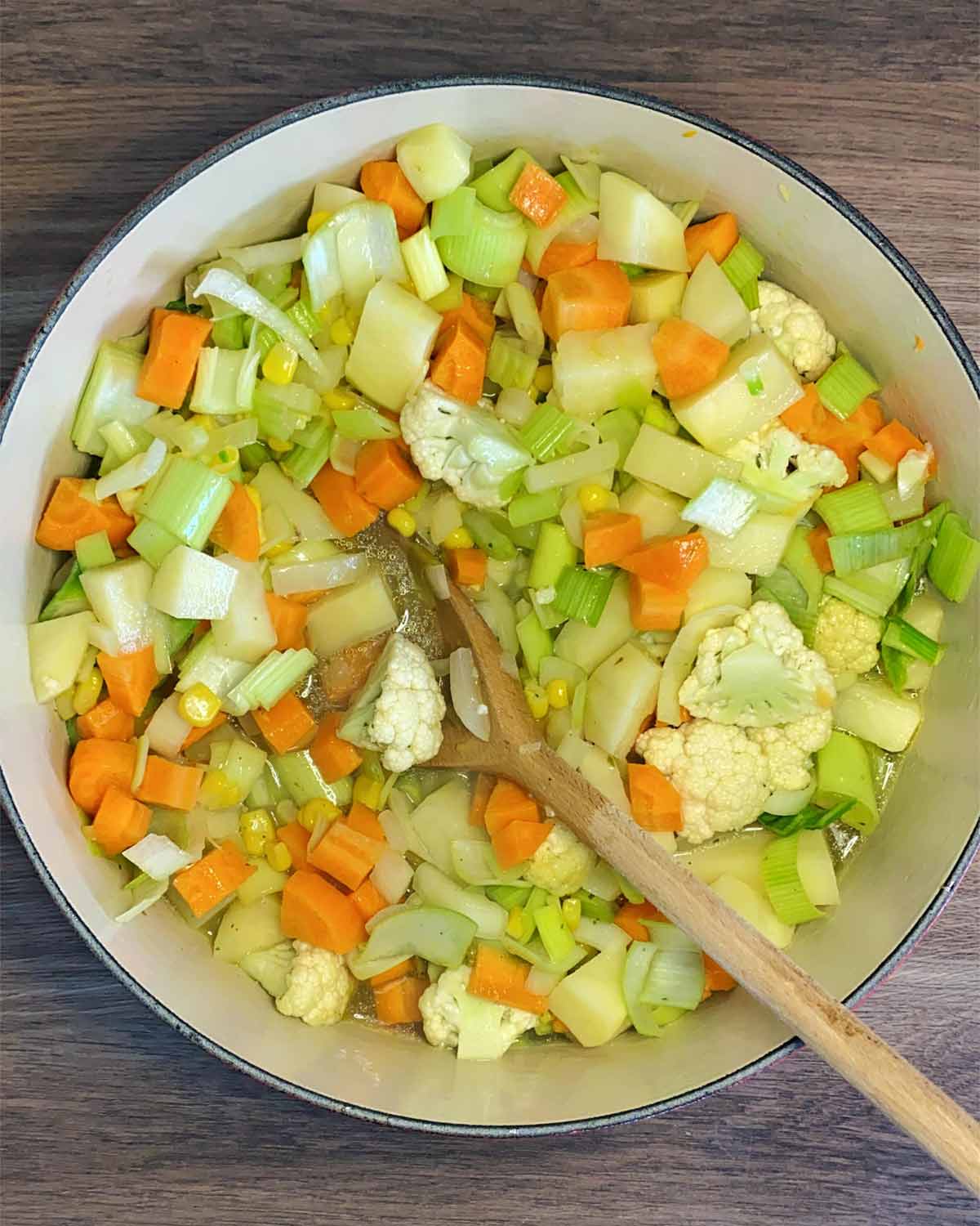 Stock added to the pan.