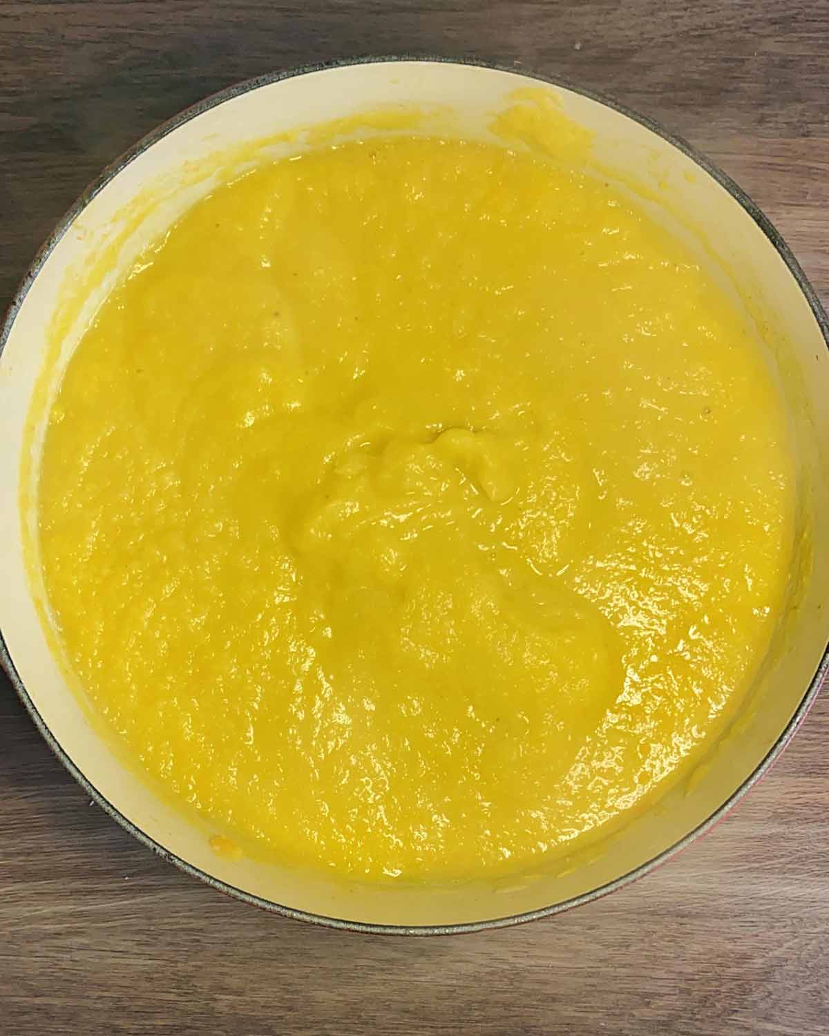 Everything blended in the pan.