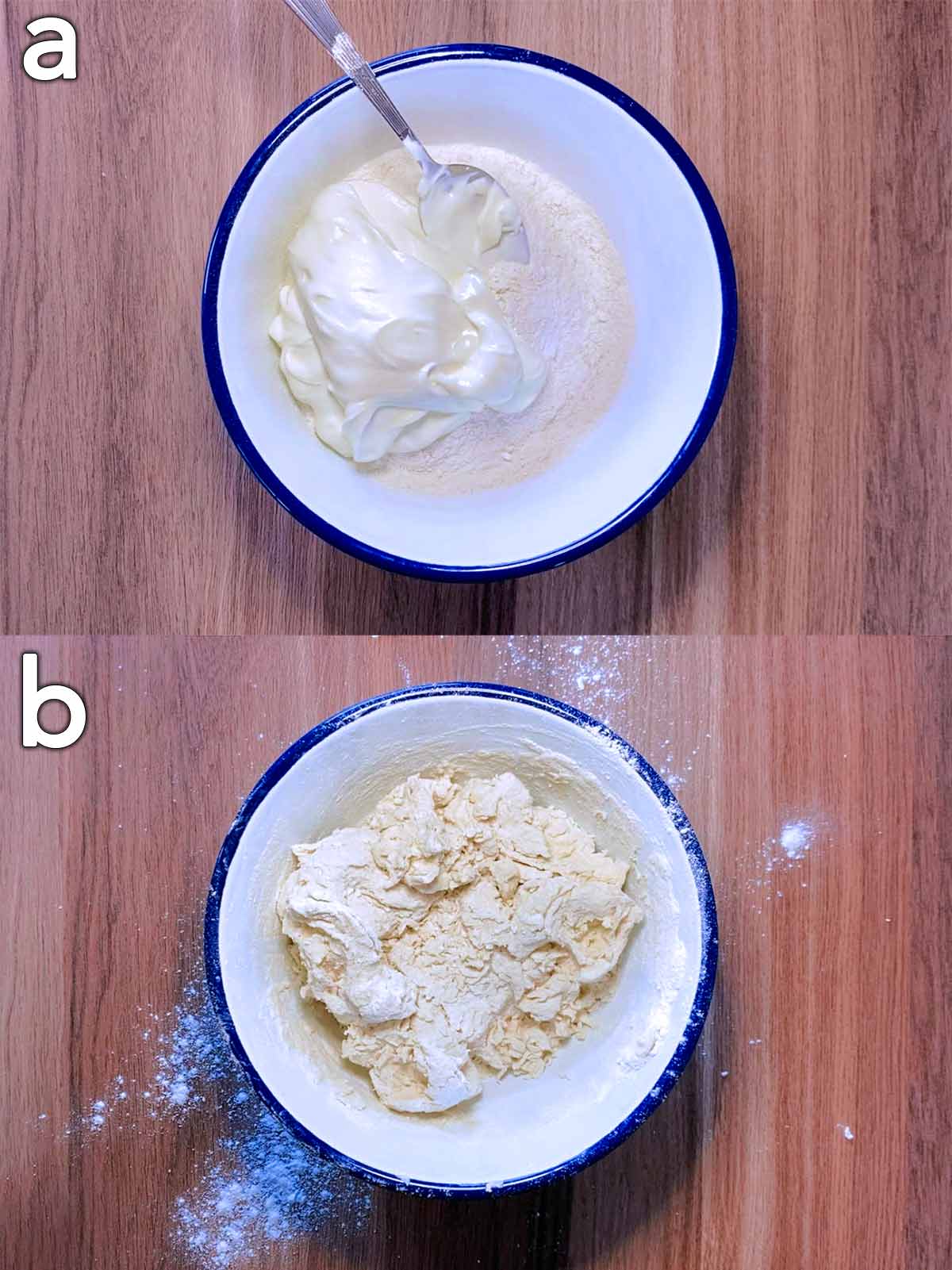 Two shot collage of a bowl of flour and yogurt, before and after mixing.